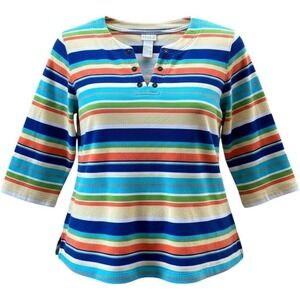 Vintage Koret Francisca Striped Henley Top Women 1X Multi Color Coastal Casual